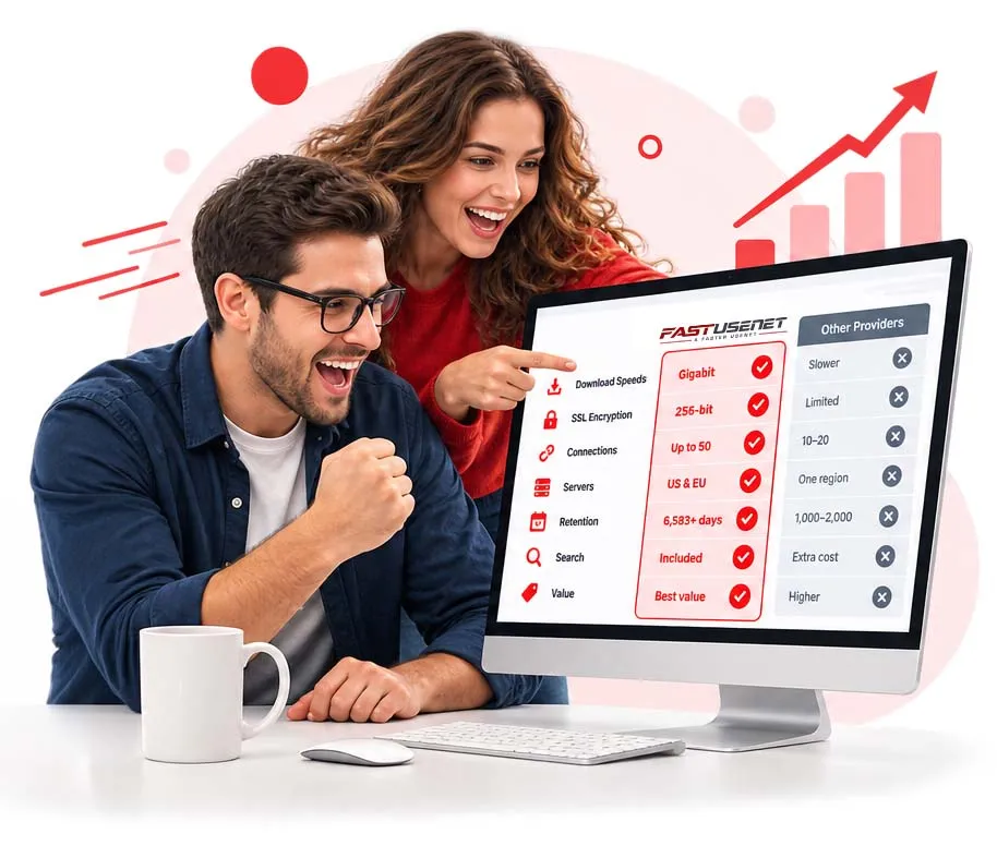 Équipe désignant un écran affichant un comparatif de fournisseurs Usenet