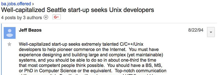 Jeff Bezos a publié une offre d’emploi sur Usenet il y a plus de 24 ans